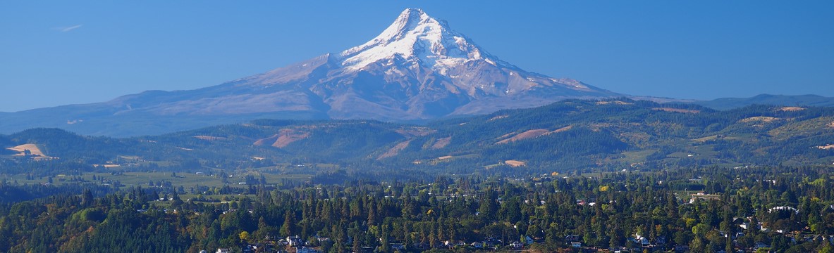 Aerial view of Hood River city and Mt Hood